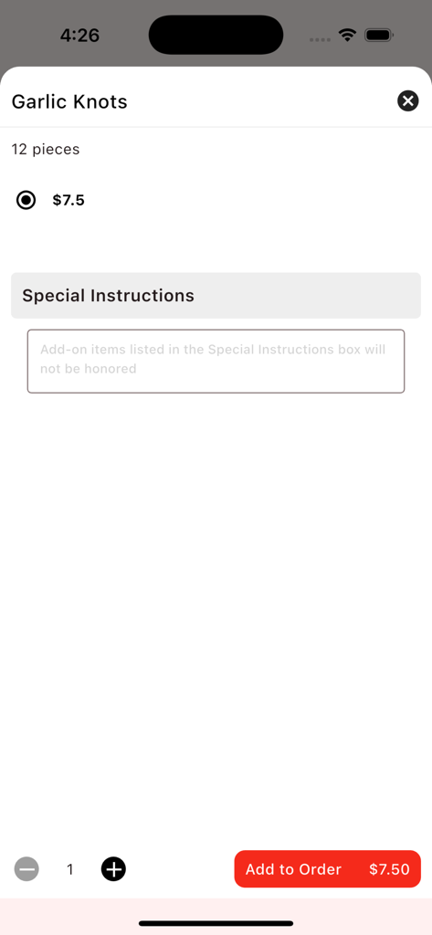 Bella Sicilia - Restaurant - Detail screen for ordering Garlic Knots in the Bella Sicilia restaurant app