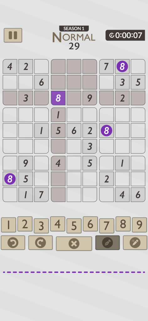 A Sudoku puzzle board with a minimalist purple design on a mobile screen.