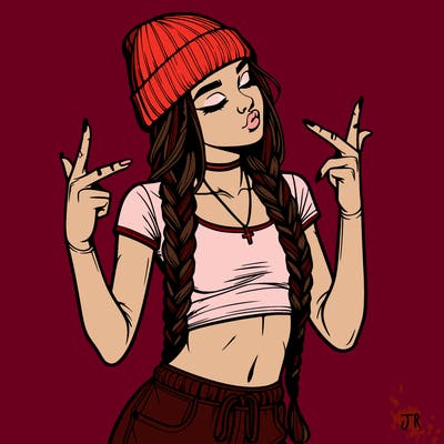 realistic teenage girl with braids and a beanie and crop top doing 🫶🏼