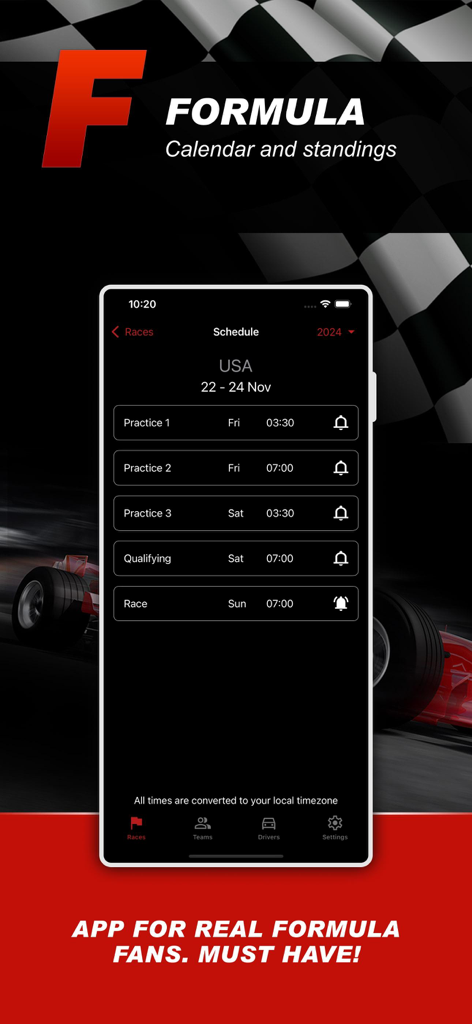 Formula Calendar 2026 - Interface of the Formula Calendar 2026 app showing the USA Grand Prix race weekend schedule and session reminders