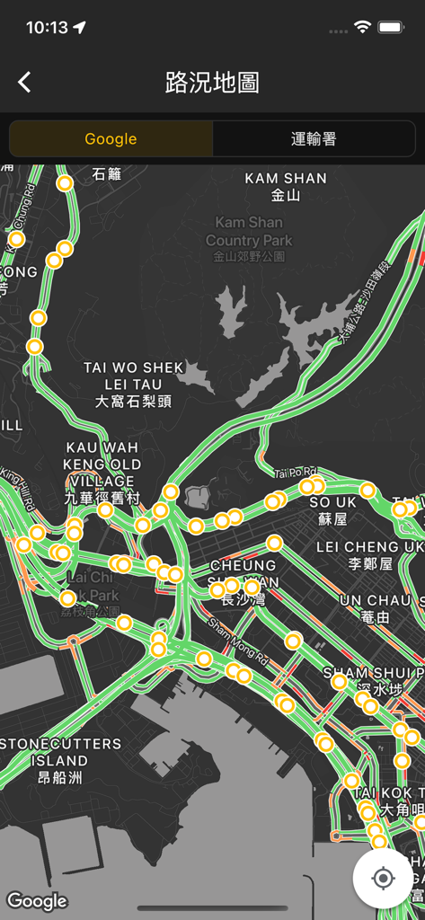 リアルタイムの道路状況とカメラの位置を表示する香港のライブインタラクティブ交通マップ。