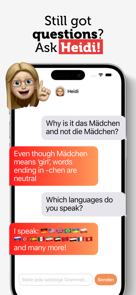 Uno screenshot dell'app Grammatisch che mostra un'interfaccia di chat dove un assistente AI di nome Heidi spiega le regole della grammatica tedesca.