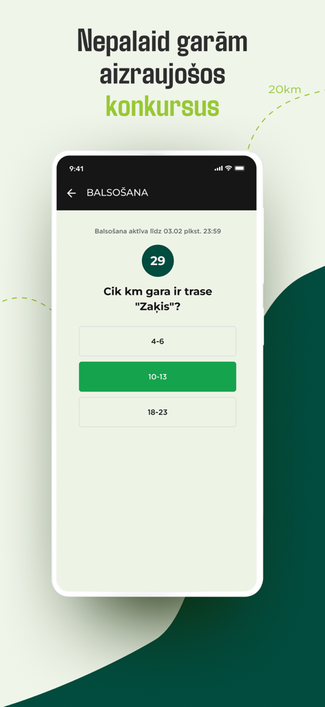 Uma tela móvel do aplicativo Stirnubuks apresentando um desafio de trivia de trail running e um concurso interativo