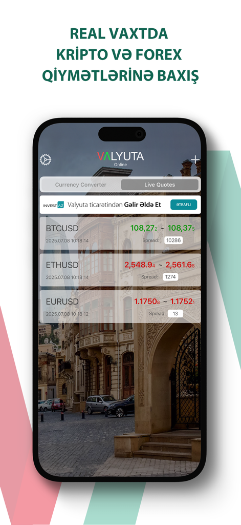 Interfaccia dell'app Valyuta che mostra quotazioni live di criptovalute e tassi di cambio forex per BTC, ETH ed EUR