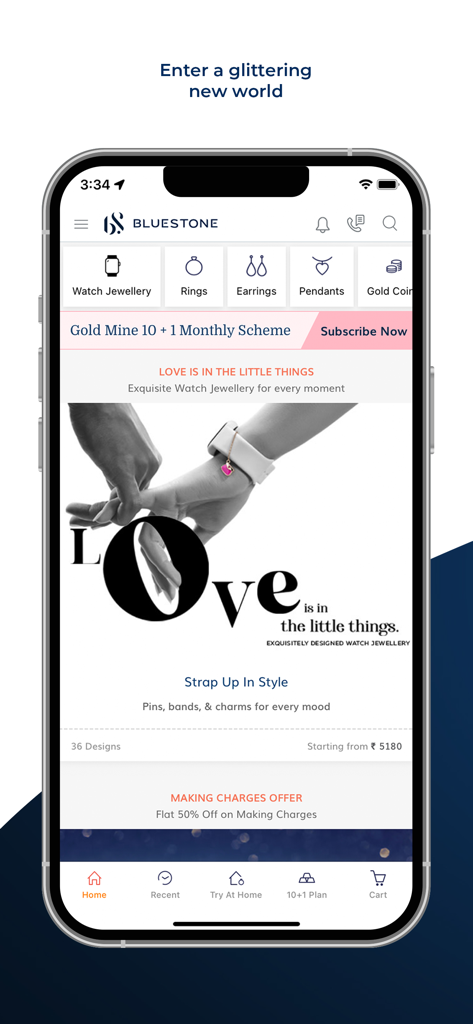 Home screen of the BlueStone Jewellery app featuring categories like rings and earrings along with promotional banners for gold schemes and offers.