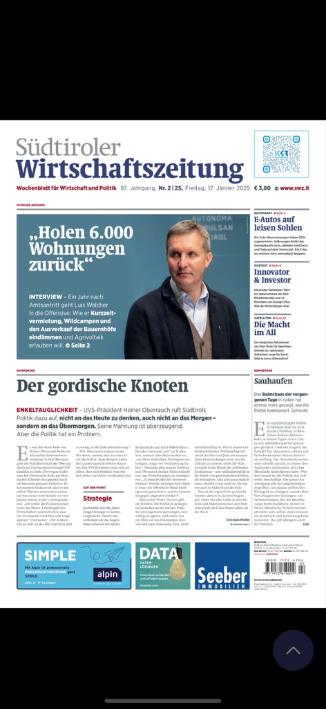 Titelseite der Südtiroler Wirtschaftszeitung als digitale Wirtschaftszeitung