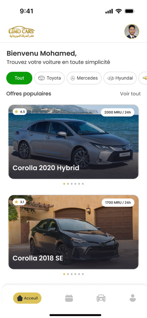 Limo cars - 리모카 모바일 앱 인터페이스, 토요타 및 메르세데스의 인기 자동차 렌탈 목록 표시