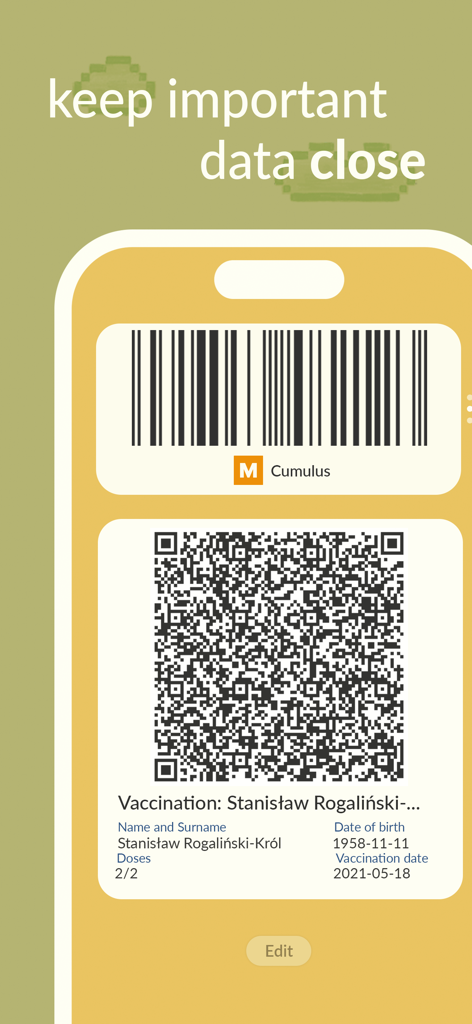 로열티 카드 및 예방 접종 기록을 위한 저장된 디지털 바코드 및 QR 코드를 표시하는 스마트폰 화면