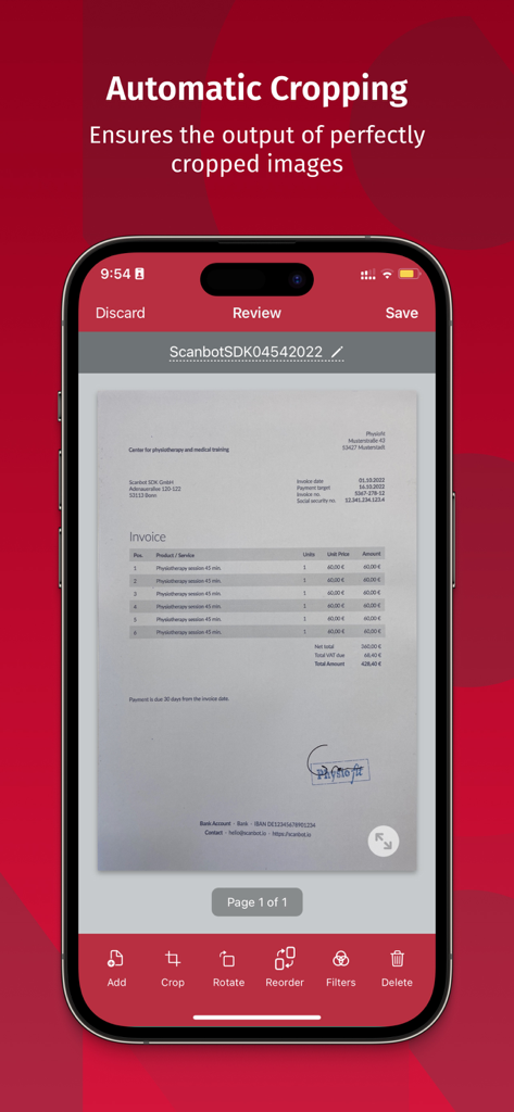 iPhone screen showing the Scanbot SDK app automatically cropping a scanned invoice document