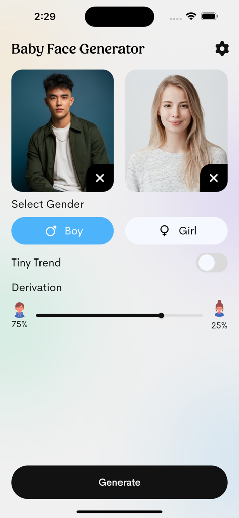 Baby Predictor - Future Face - Interface de l'application Baby Predictor avec sélection de photos des parents et options de sexe du bébé