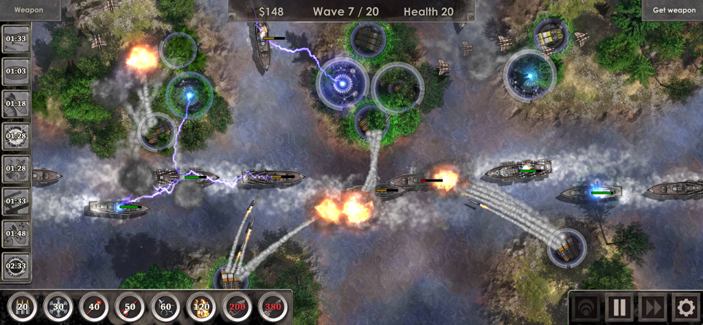 Defense Zone 3 Ultra HD - Top-down tactical naval battle with turrets and explosions in Defense Zone 3 Ultra HD