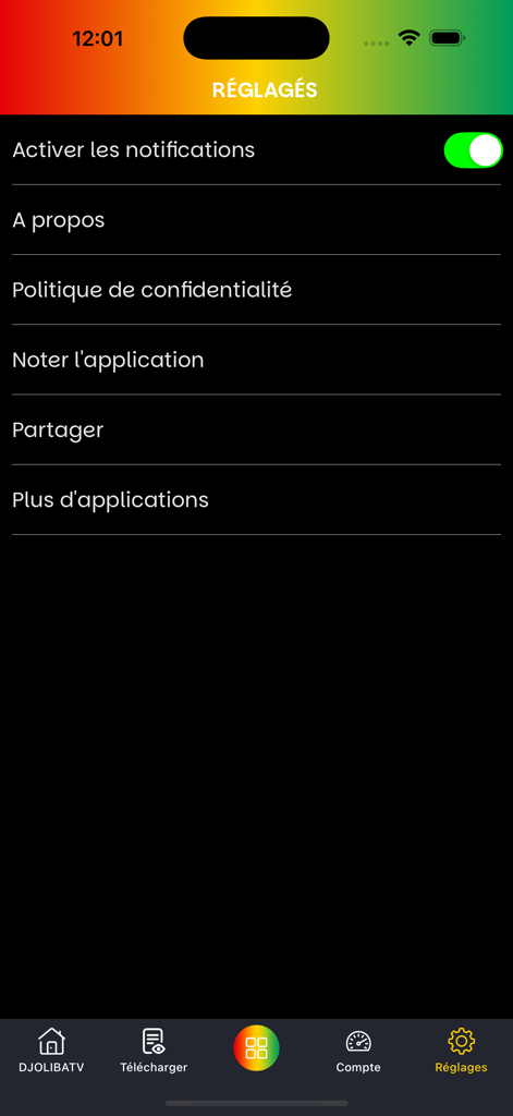 Djoliba TV - Settings menu of the Djoliba TV mobile app showing notification and privacy options