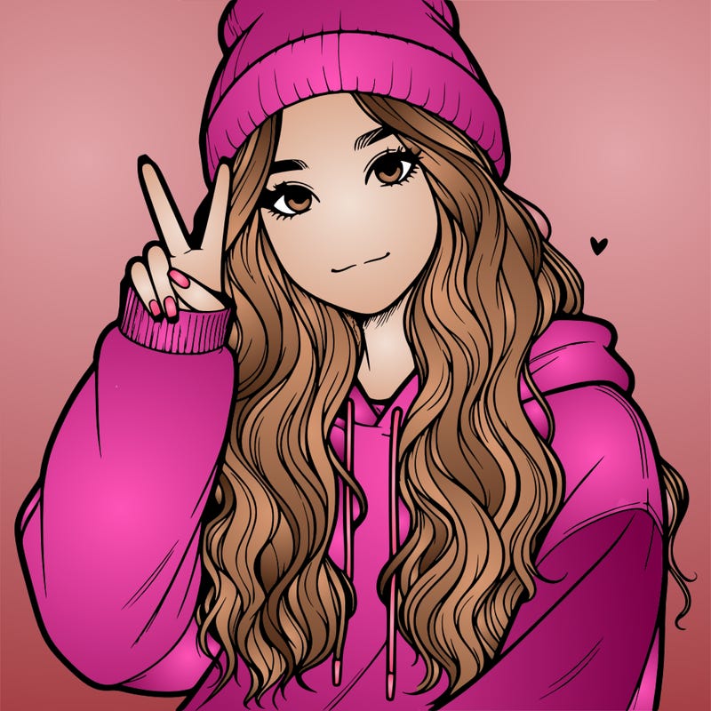 a teenage girl in a beanie, oversized sweatshirt, wavy long hair, and is showing a ✌️