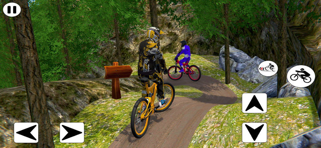 BMX Cycle Extreme Bicycle Game - A cyclist riding a yellow mountain bike on a dirt path through a forest in the BMX Cycle Extreme game.