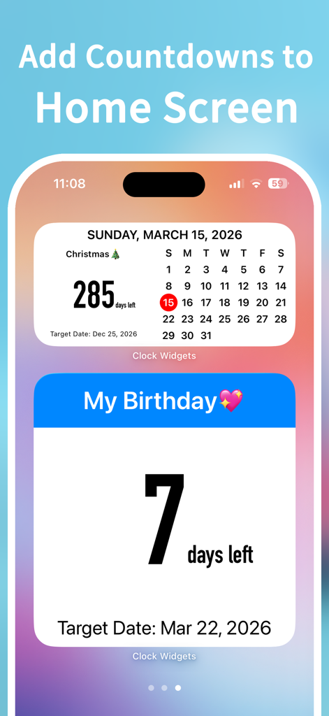 Clock Widget - Ultra HD Time - iPhone screen featuring customized countdown widgets for Christmas and a birthday on a colorful gradient background