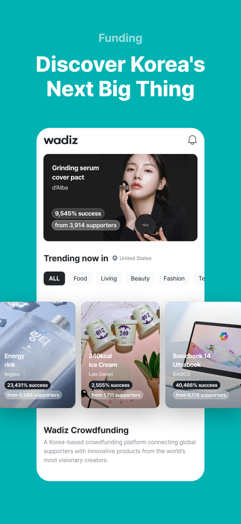 Wadiz app displaying trending Korean crowdfunding projects including skincare and tech