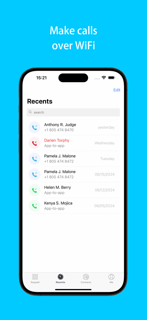 A smartphone screenshot of the LivePhone calling app showing a recent call history log with the text make calls over WiFi.