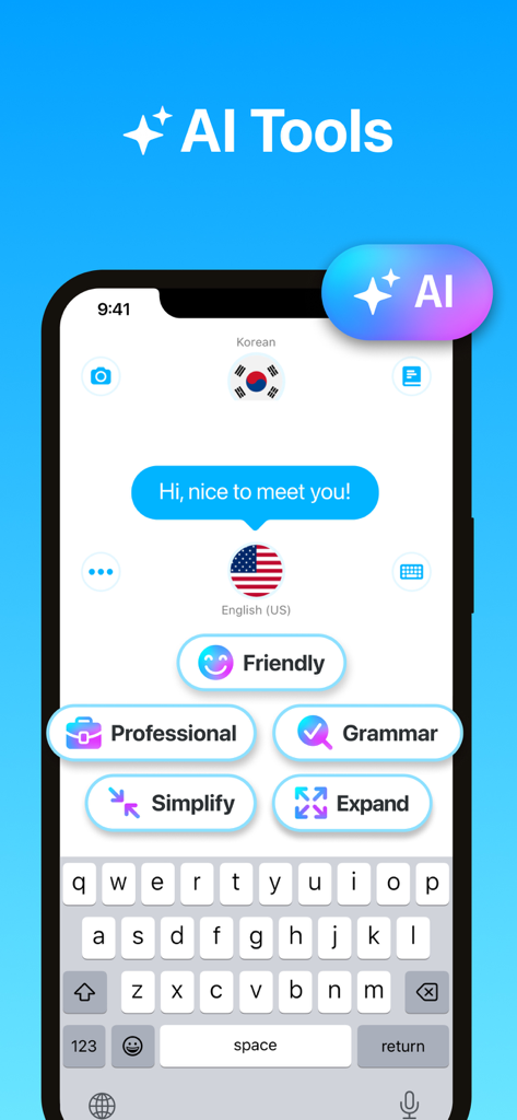 Dialog - Translate Speech - Oberfläche der Dialog-App, die KI-Tools zum Anpassen des Übersetzungstons und der Grammatik zeigt.