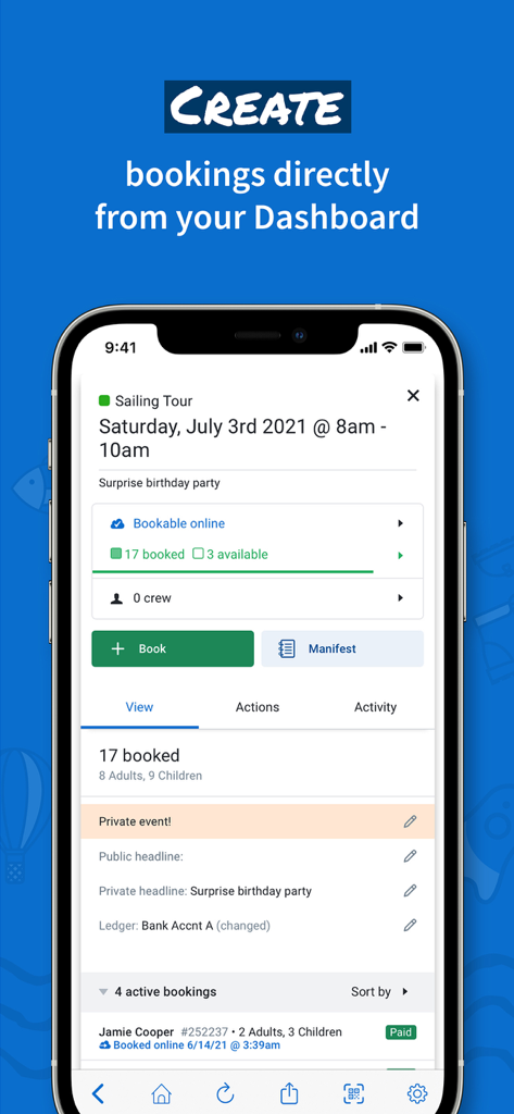 FareHarbor - FareHarbor mobile app interface displaying sailing tour booking details and schedule management