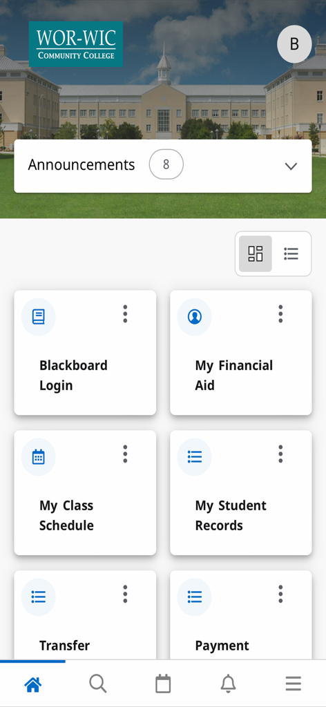 Wor-Wic Mobile - Tela inicial do aplicativo Wor-Wic Mobile exibindo blocos para login no Blackboard, auxílio financeiro, grade de aulas e registros de estudantes