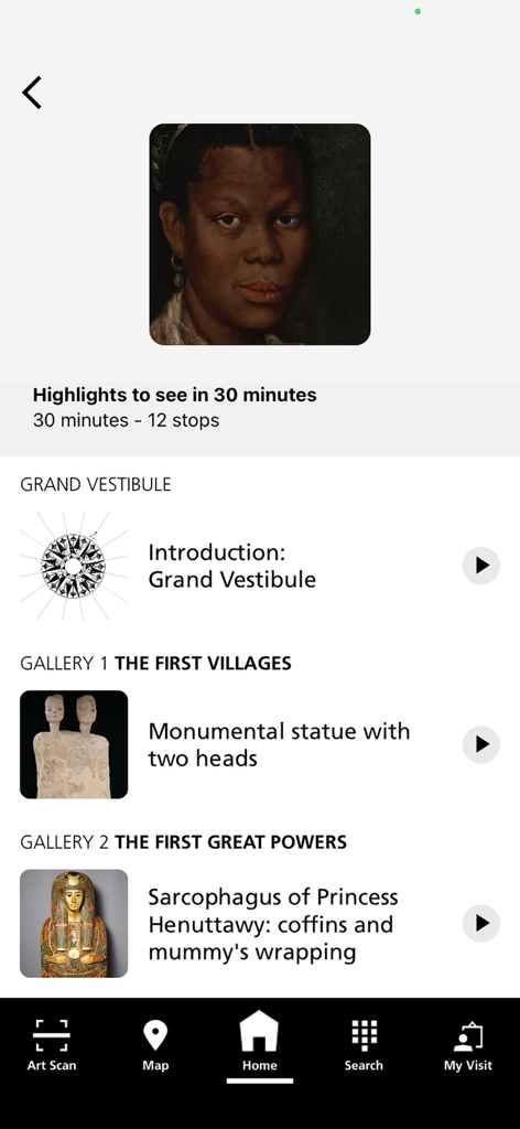 Louvre Abu Dhabi - Screenshot of the Louvre Abu Dhabi mobile app displaying a curated highlights tour with audio guides for various museum galleries