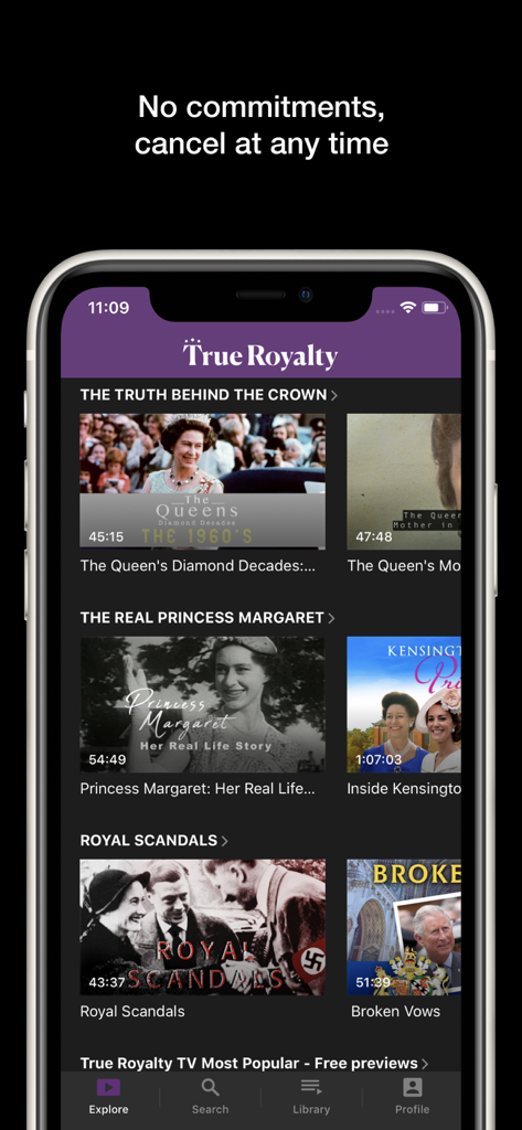 True Royalty TV - True Royalty TV app interface showing documentary categories about the British monarchy