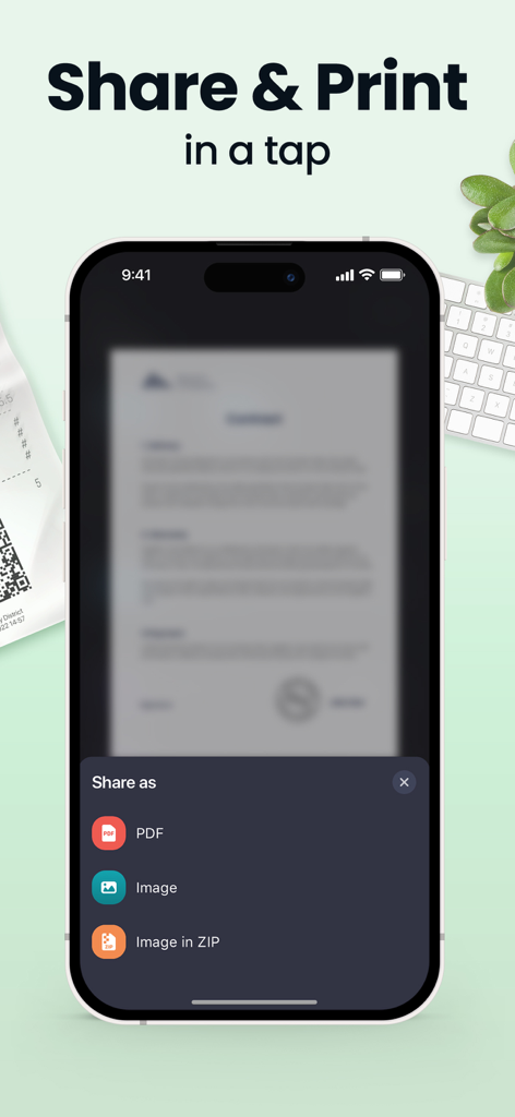Interface do aplicativo Scan Hero mostrando opções de compartilhamento de documentos para formatos PDF e imagem