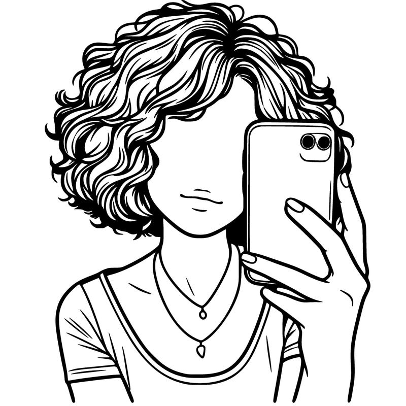 realistic girl with short frizzy hair holding a phone in front of her face