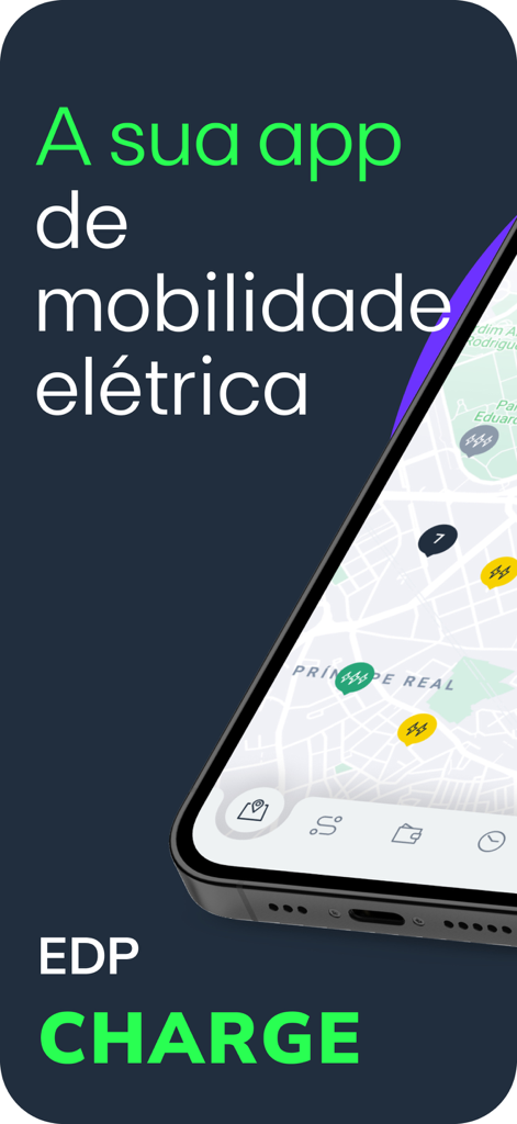 EDP Charge - Um smartphone mostrando a aplicação EDP Charge com os locais das estações de carregamento de veículos elétricos