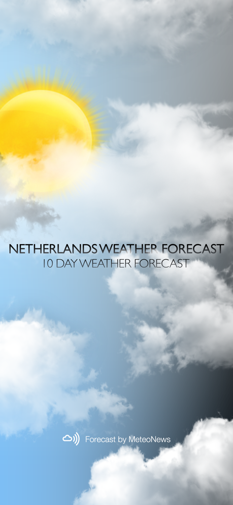 Weather for the Netherlands - オランダの天気予報アプリの起動画面、太陽と雲の背景に10日間の予報テキストとMeteoNewsのブランドが表示されています。