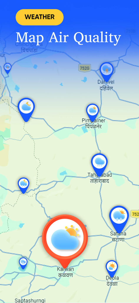 Real Thermometer & Temperature - La aplicación Real Thermometer mostrando un mapa meteorológico con iconos de pronóstico local.