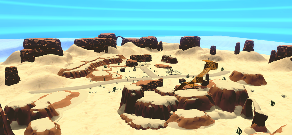 BuildNow GG - Building Shooter - Wide view of a desert canyon map with player-built structures in BuildNow GG