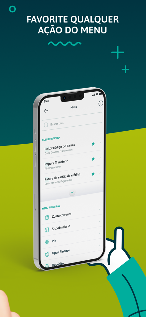 La pantalla del menú de la aplicación Sicoob que muestra accesos directos personalizables de acceso rápido para transacciones financieras como Pix y pagos de facturas.
