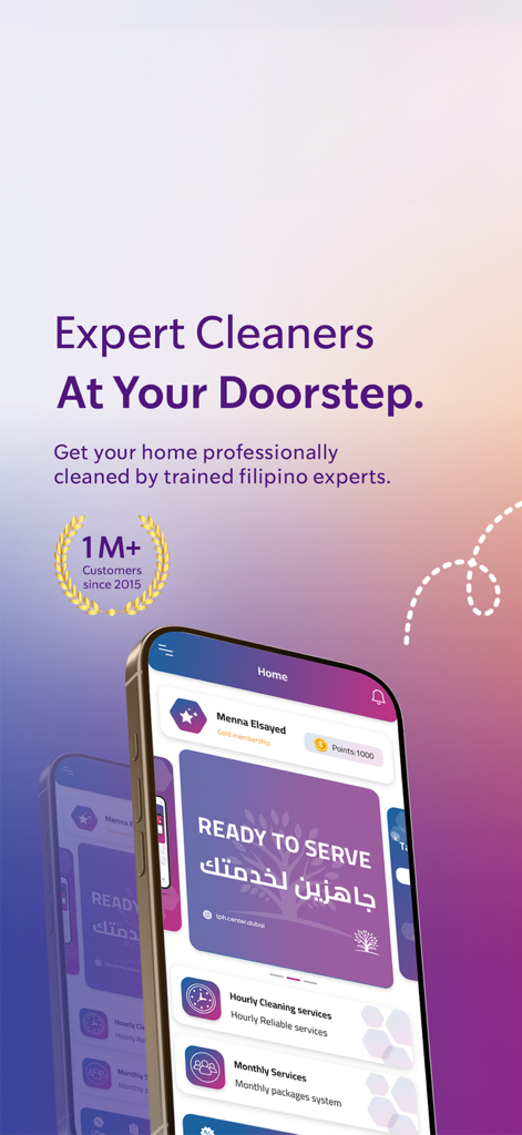 Tela do aplicativo TPH Home Services mostrando serviços de limpeza profissional e a marca de mais de um milhão de clientes