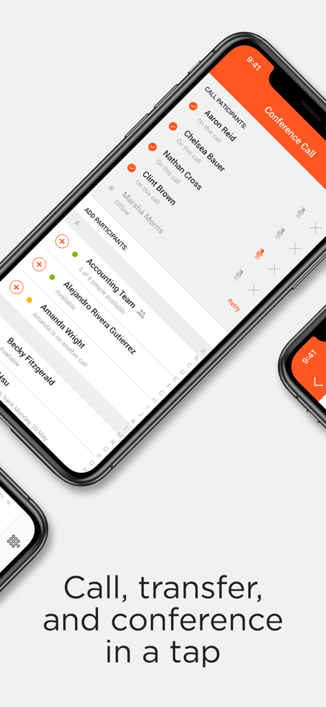Spoke Phone - Interface do aplicativo Spoke Phone mostrando uma tela de chamada em conferência com participantes e lista de contatos