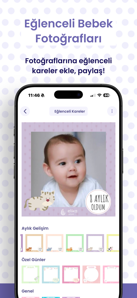 Elika Baby Care and Monitoring - Interface do aplicativo móvel para editar fotos de bebês com molduras de marcos e adesivos de crescimento mensais