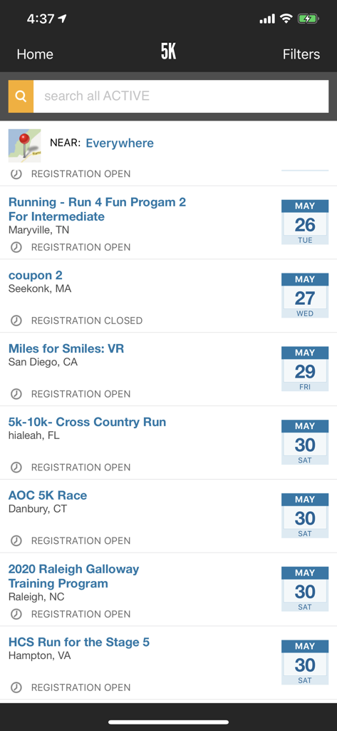 ACTIVE - Fitness Events - A list of upcoming 5K running races and training programs in the ACTIVE app showing event dates and locations.