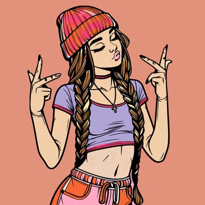 realistic teenage girl with braids and a beanie and crop top doing 🫶🏼