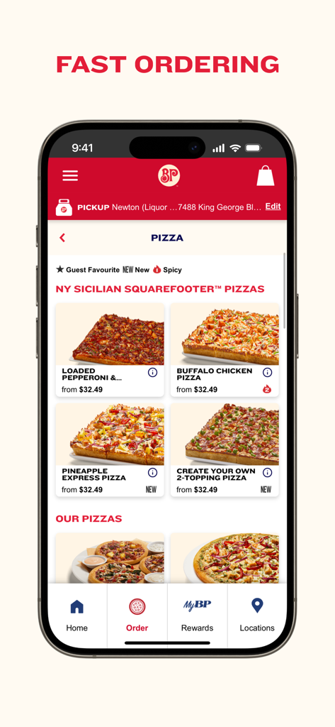 Boston Pizza - The Boston Pizza mobile app screen for fast ordering of pizzas