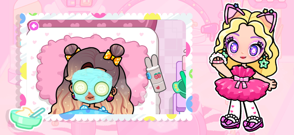 Beauty Salon: Spa & Nail Game - Un personaggio con una maschera spa e fette di cetriolo accanto a una bambina in un tutù rosa