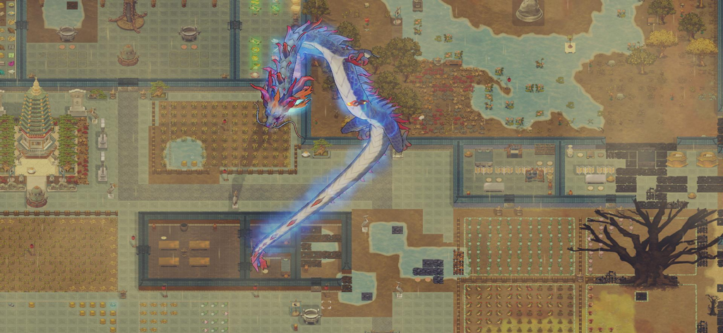 A large blue dragon flying over a detailed sect management base with gardens and temples