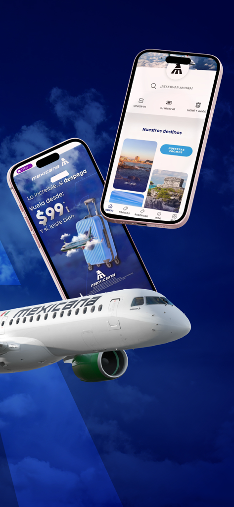 Mexicana - Mexicana airline mobile app screens showing flight deals and booking options