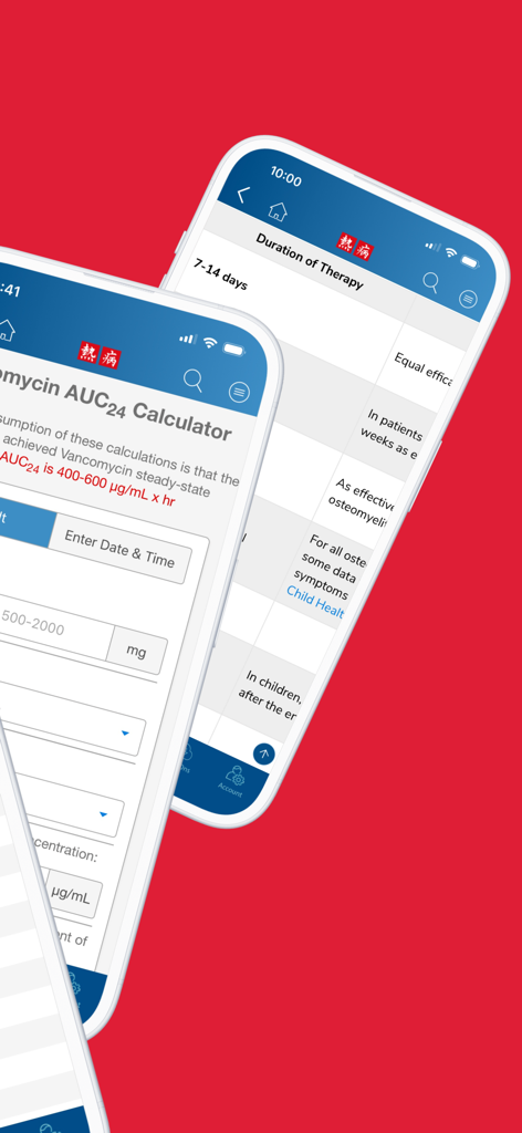 Sanford Guide Antimicrobial - Mobile screens of the Sanford Guide Antimicrobial app featuring clinical calculators and treatment duration guidelines.