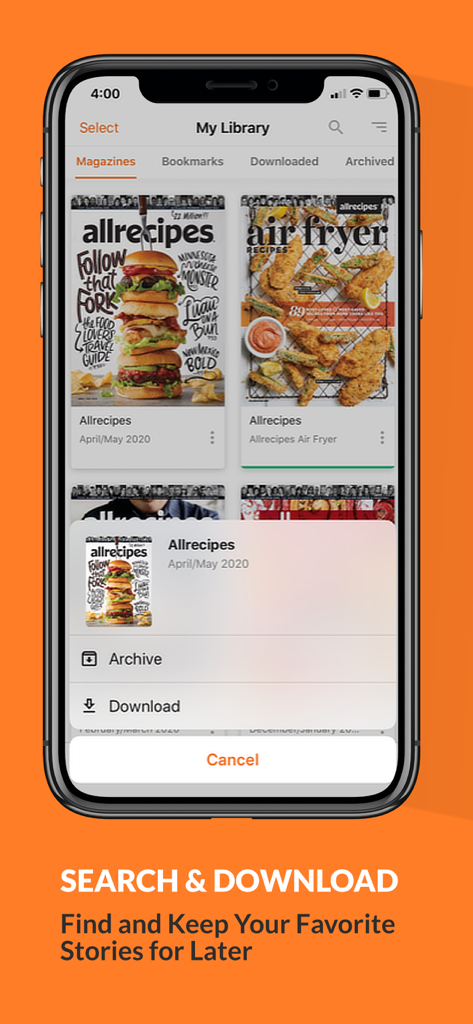 Allrecipes Magazine - Allrecipes Magazine app My Library interface showing digital issues and the download feature for offline reading.