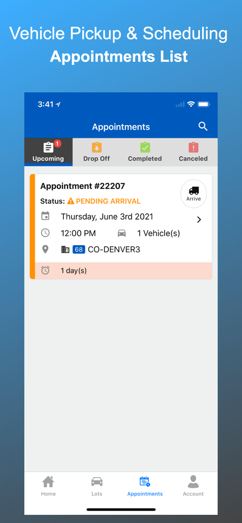 Copart Transportation - Interface of the Copart Transportation app displaying a list of scheduled vehicle pickup appointments.