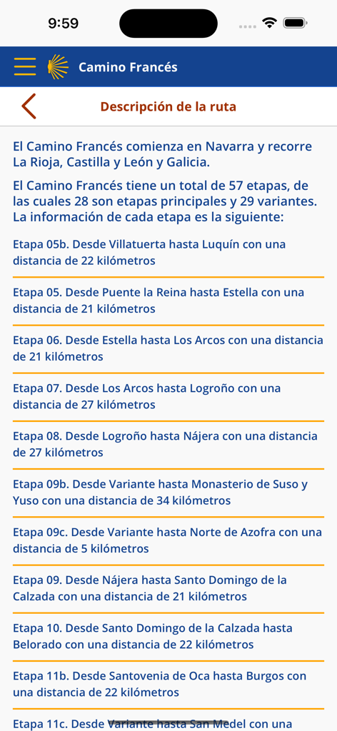 Caminos de Santiago - Schermata dell'app mobile che mostra un elenco di tappe di trekking per il percorso del Cammino Francese con distanze in chilometri.