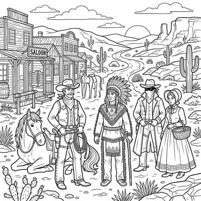 Step back in time with this thrilling Wild West coloring page, perfectly designed for teens. Bring to life a scene featuring iconic characters like cowboys, Native Americans, outlaws, and pioneers from the American frontier.