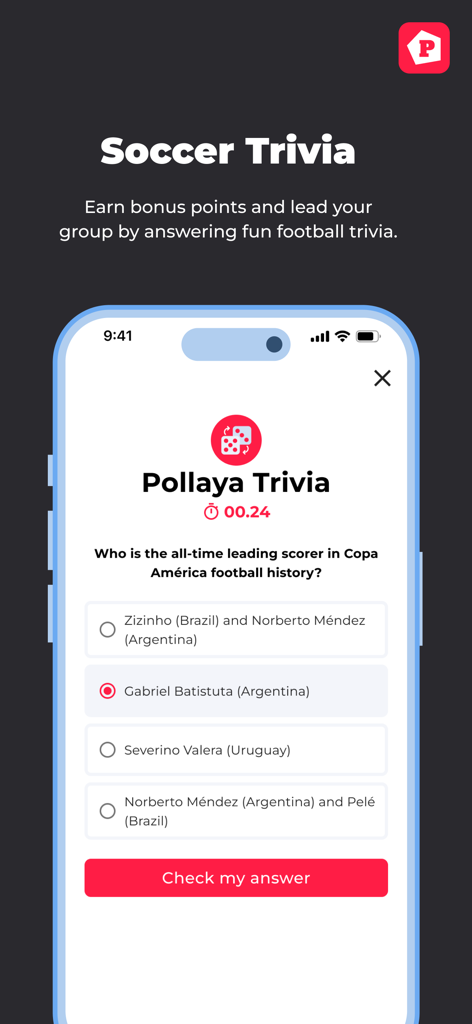 Pollaya - L'interfaccia dell'app Pollaya mostra una domanda di trivia sul calcio per guadagnare punti bonus.