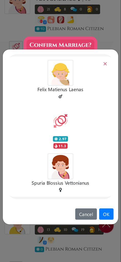 Un cuadro de diálogo de confirmación de matrimonio en el juego de simulación de vida Ciudadano de Roma con dos personajes romanos