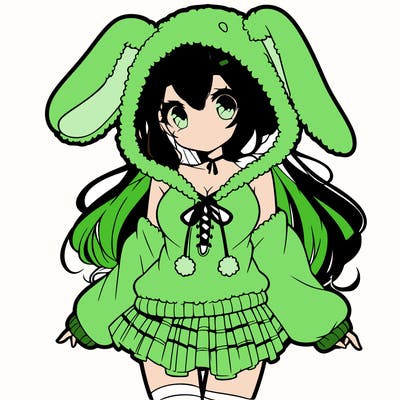 pretty anime girl wearing a fluffy hoodie with bunny ears on the hood and a skirt